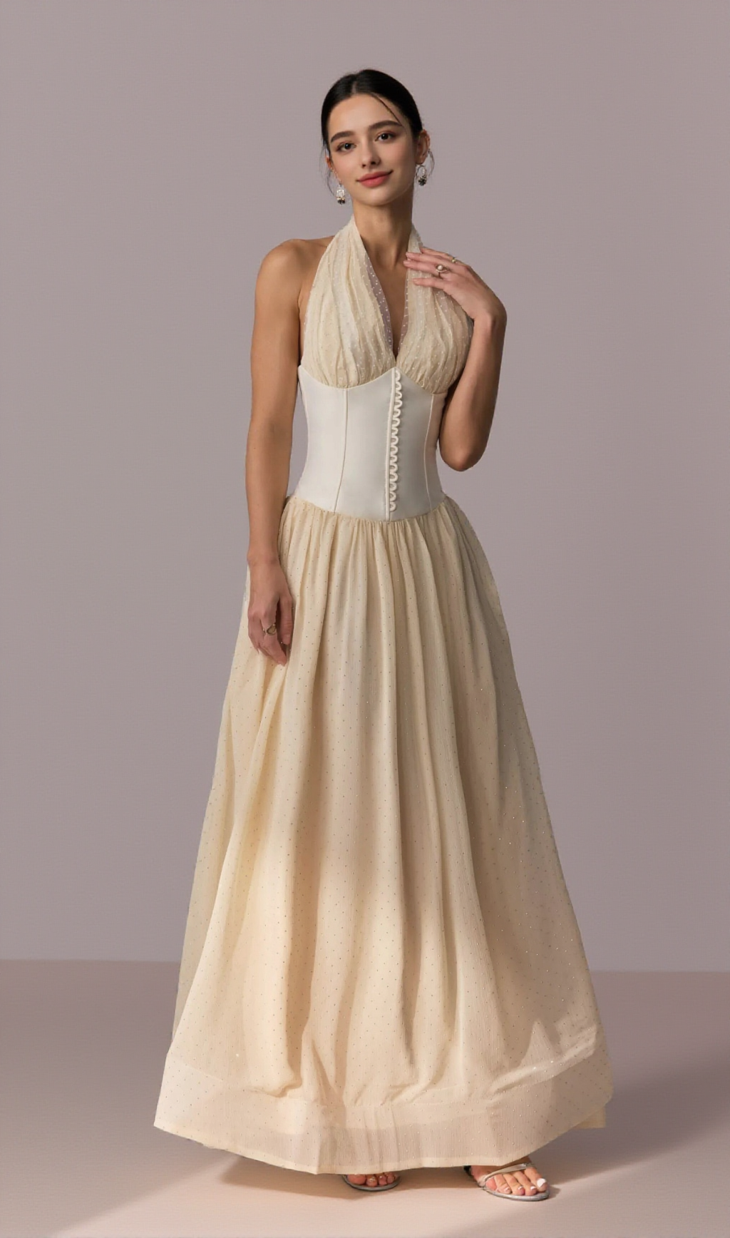 TIFFANY HALTERNECK TULLE OVERLAY MAXI DRESS IN APRICOT