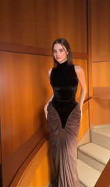 velvet mesh patchwork maxi dress in black