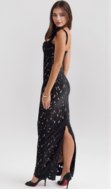 hermosa Bow Strap Embroidered Lace Maxi Dress in black