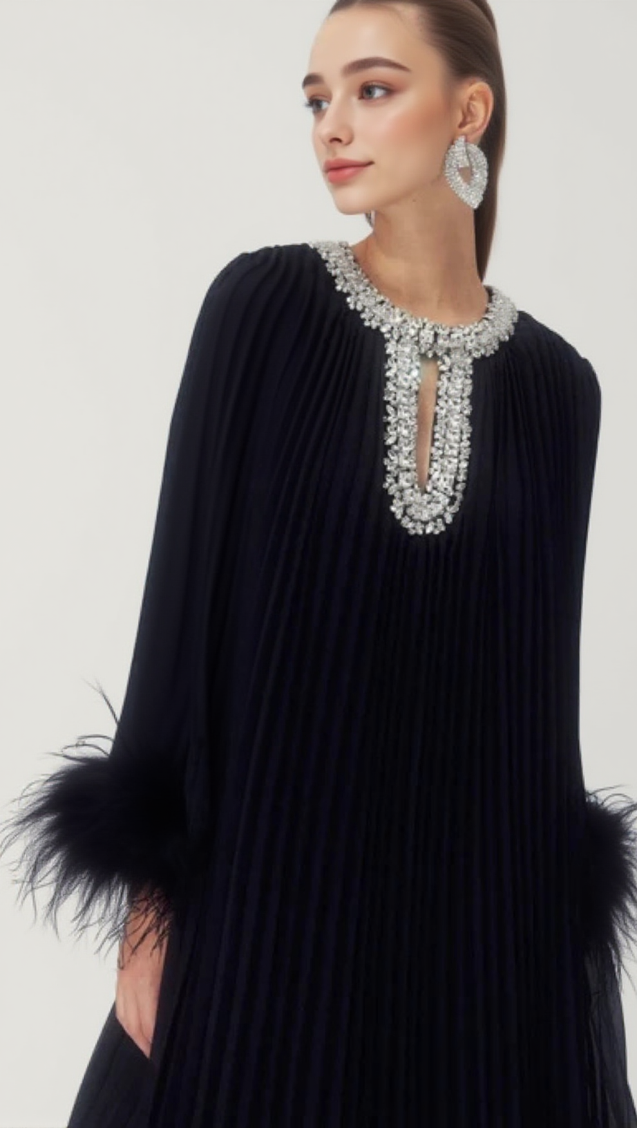 MANJA DIAMANTE CHIFFON FEATHER MAXI DRESS - BLACK