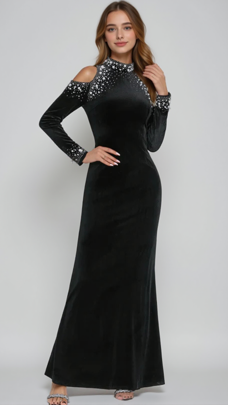 BARBARA SEQUIN EMBELLISHED LONG SLEEVE MAXI DRESS IN BLACK