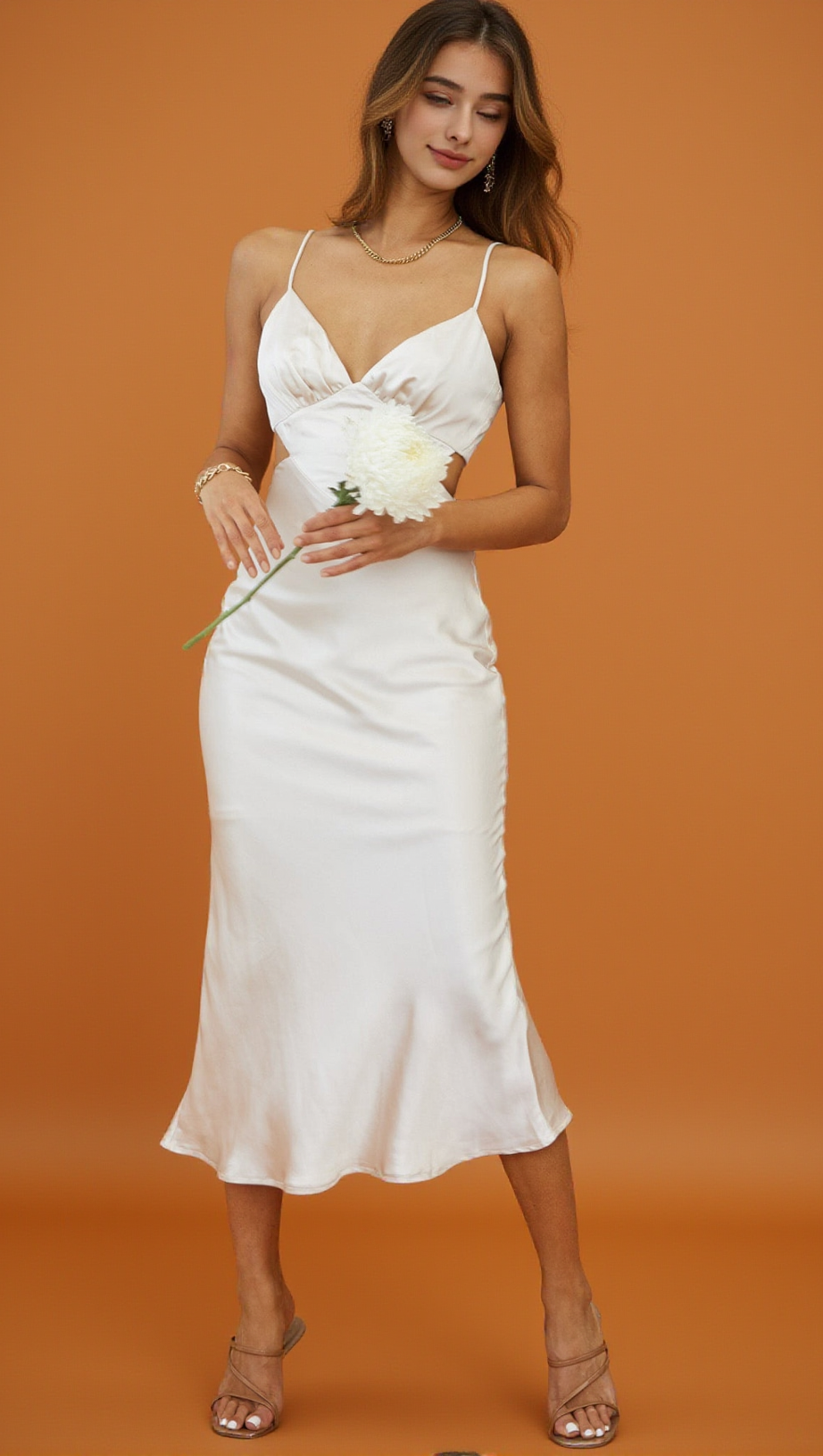 CITY LIGHTS CUT-OUT WAIST STRAPPY BACK MIDI DRESS CHAMPAGNE