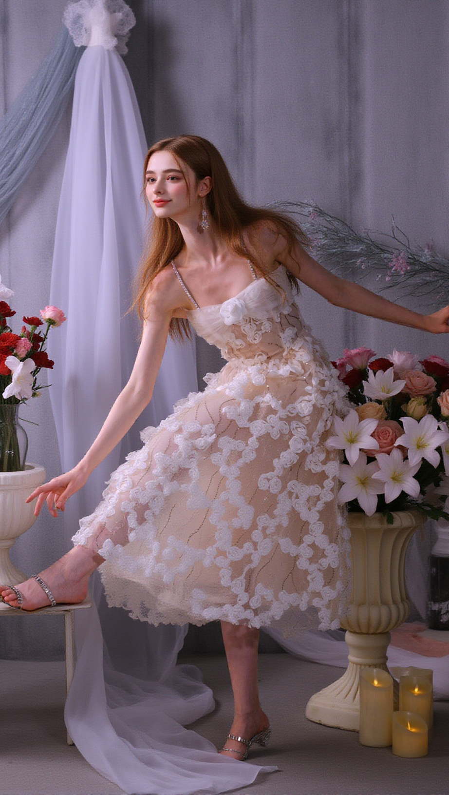 STEREOSCOPIC FLOWER RHINESTONE CHAIN MAXI DRESS IN WHITE