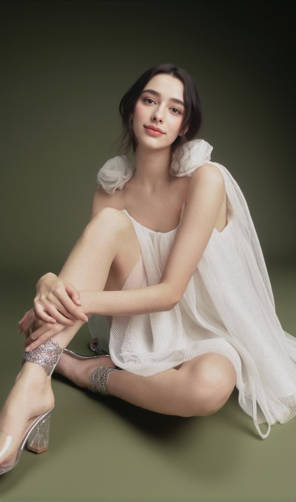 mini abito bianco con spalline in tulle a fiori