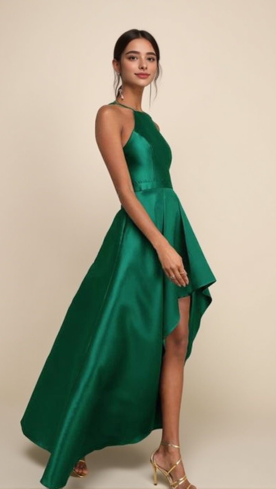 Smaragdgrünes High-Low-Kleid für Broadway-Shows 