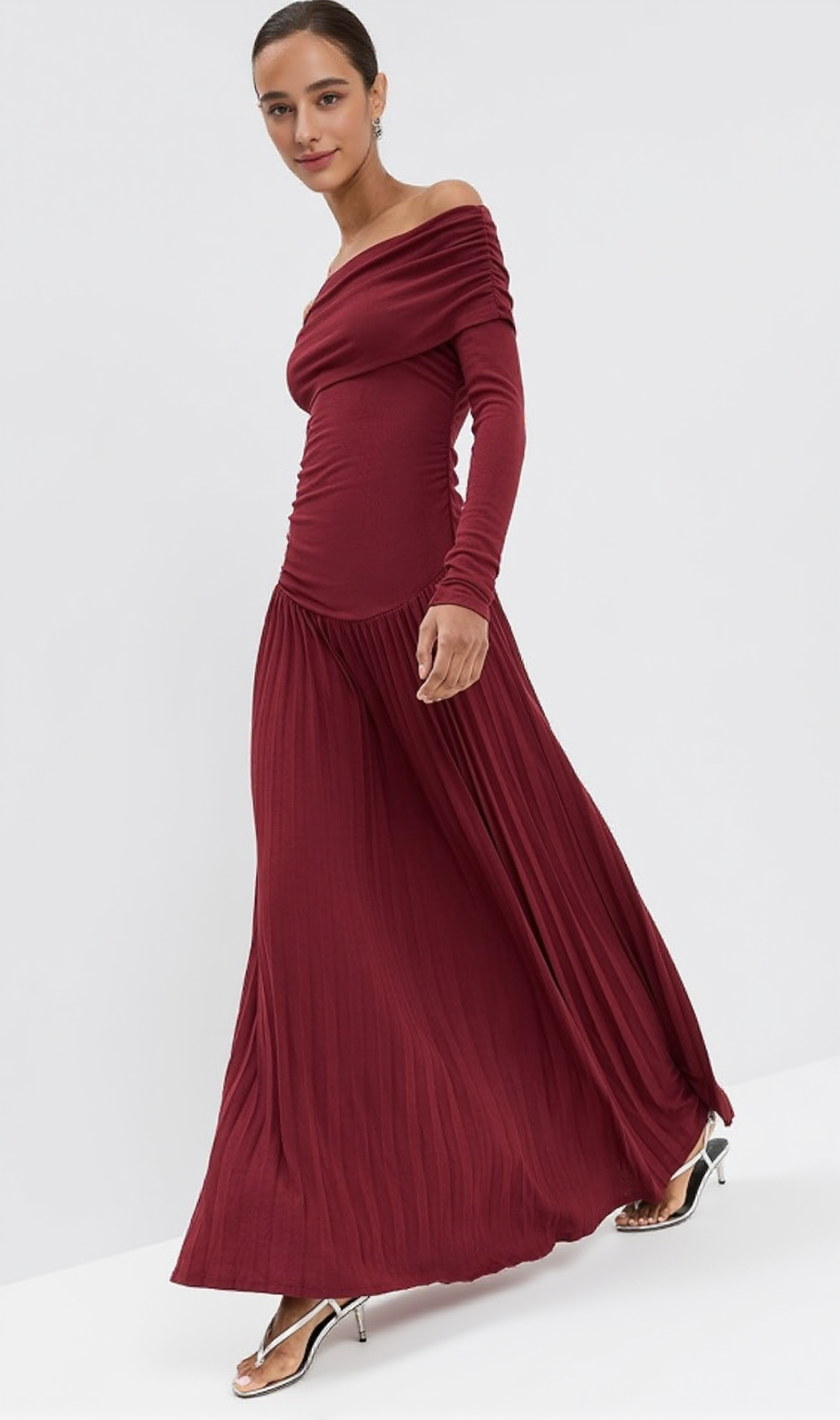 sara bodycon strapless long sleeve maxi dress in burgundy