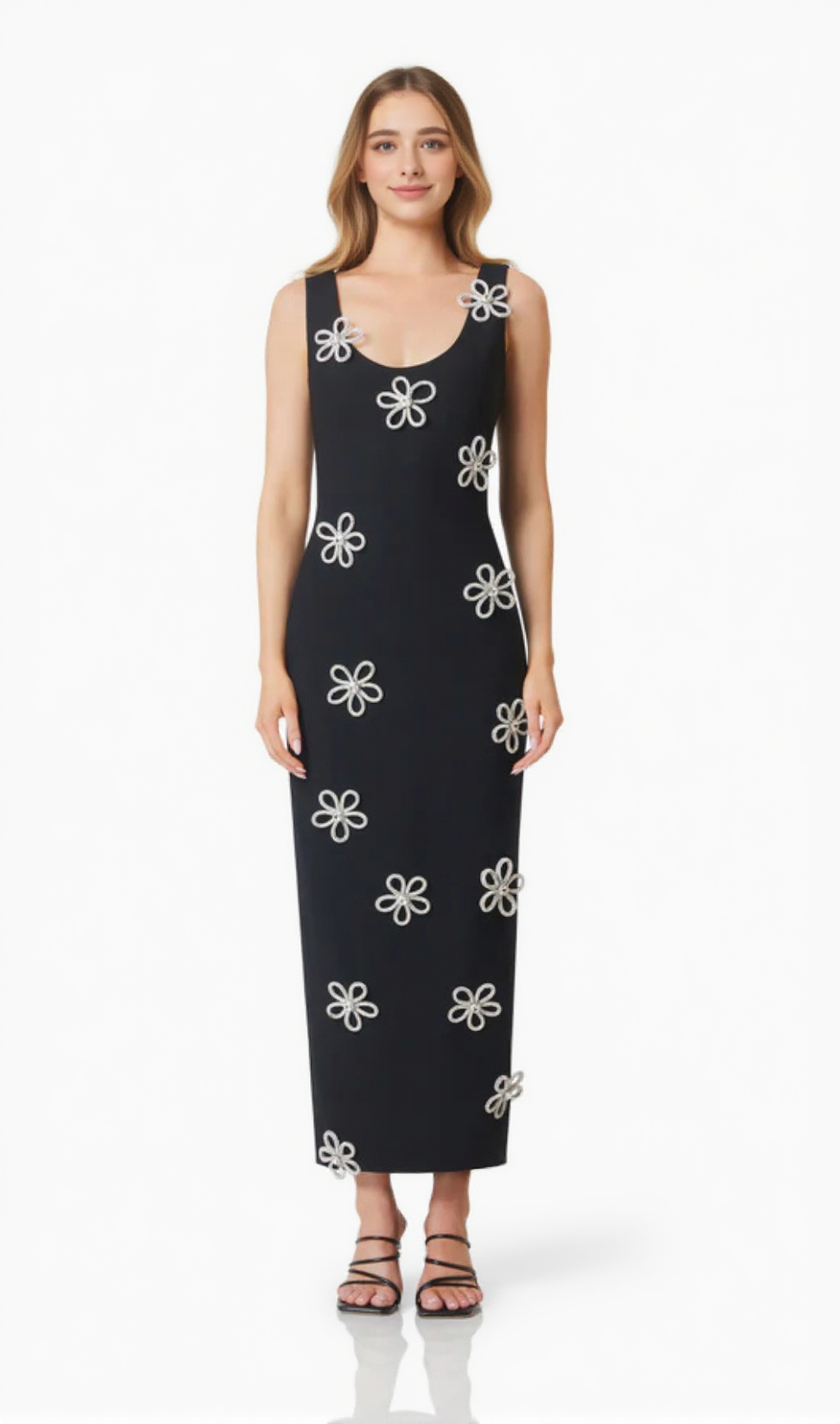 EDMARK FLOWER CRYSTAL EMBELLISHED MIDI BANDAGE DRESS