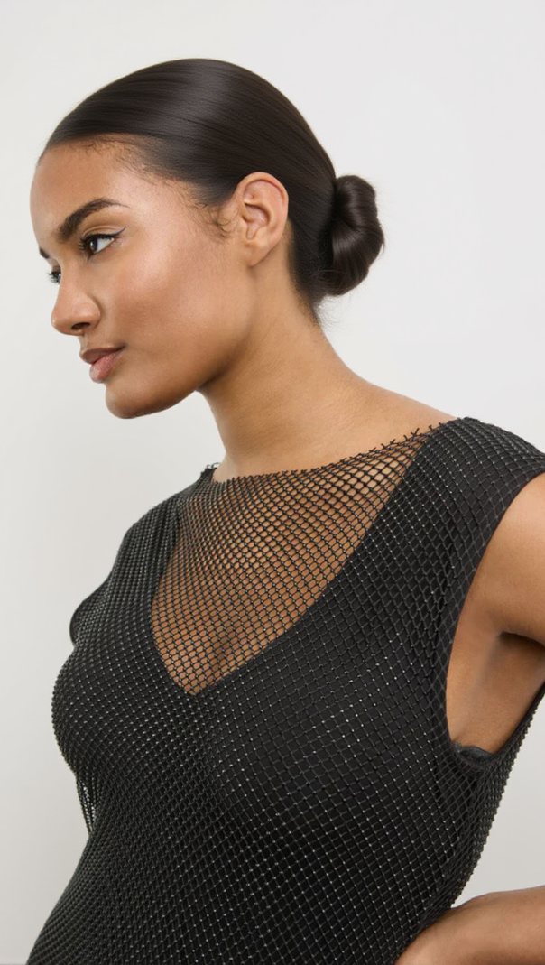 AIIZIE SLEEVELESS MESH SHIFT MIDI DRESS IN BLACK - product image