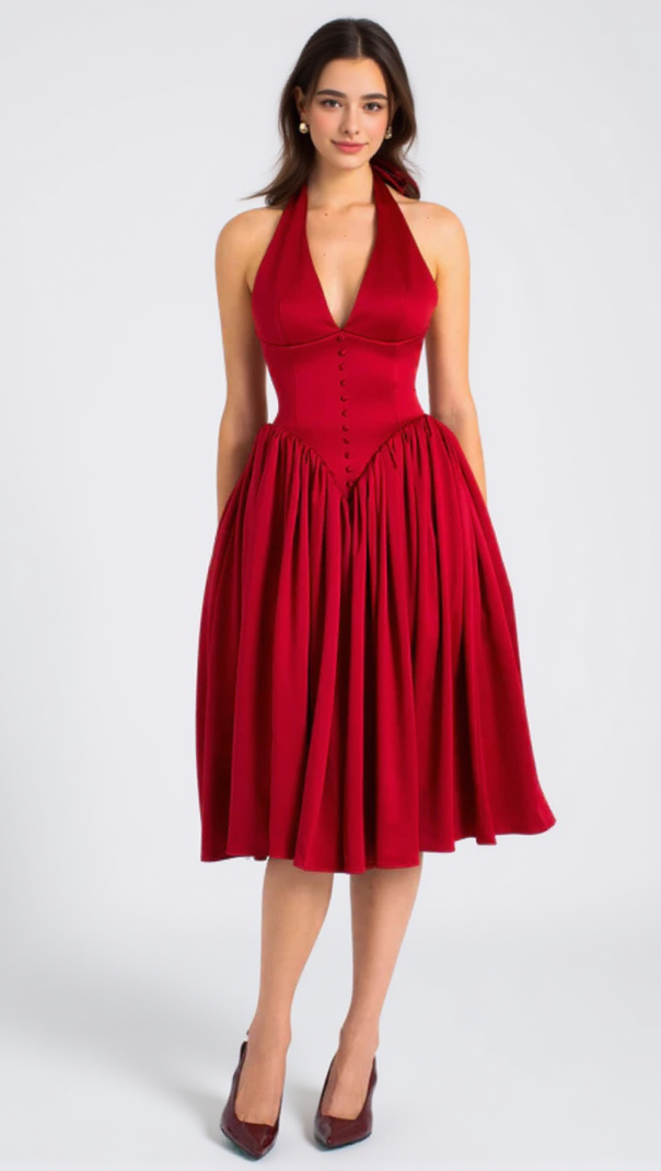 AIIZIE WENDY PLUNGING HALTER BACKLESS MAXI DRESS IN RED - product image