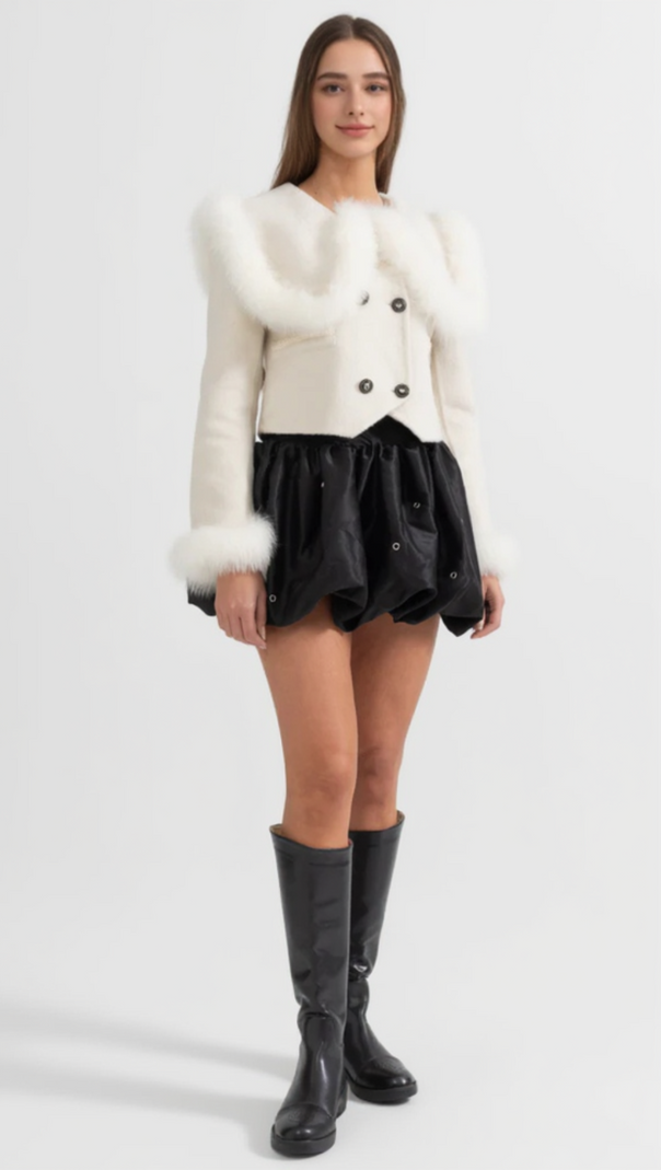 AIIZIE DOUBLE BREASTED CROPPED JACKET WITH FUR COLLAR EMBELLISHMENT - WHITE - product image