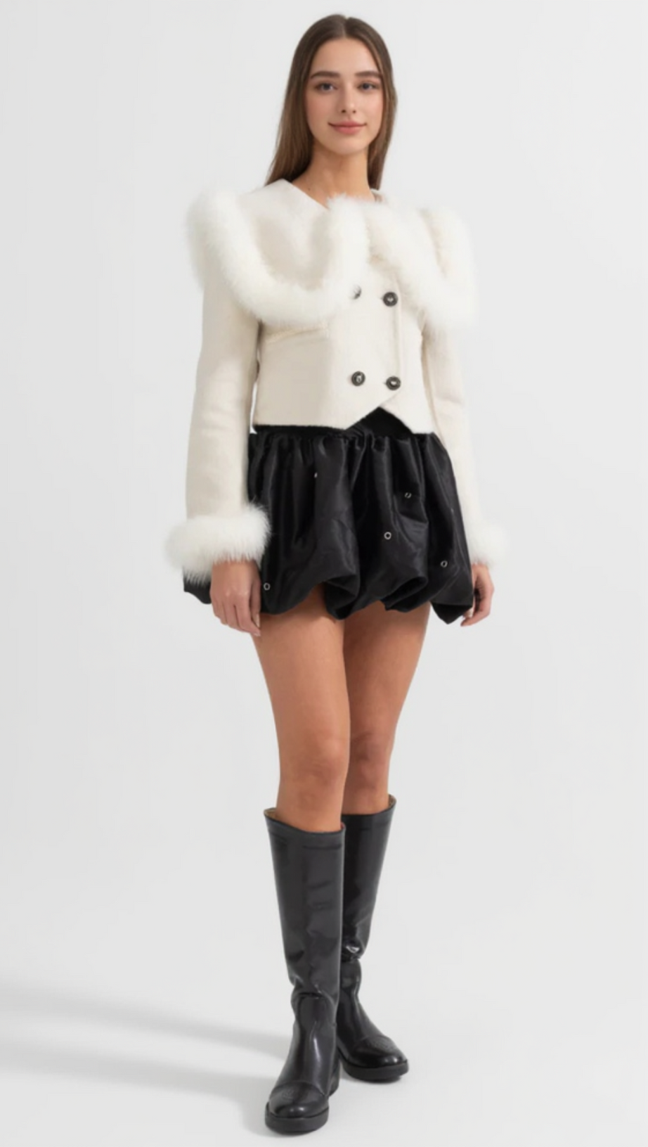 DOUBLE BREASTED CROPPED JACKET WITH FUR COLLAR EMBELLISHMENT - WHITE