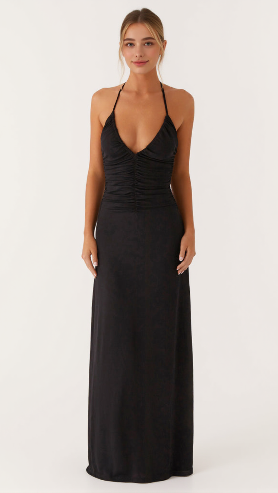 V-NECKLINE PLEATED BODYCON MAXI DRESS IN BLACK – AIIZIE