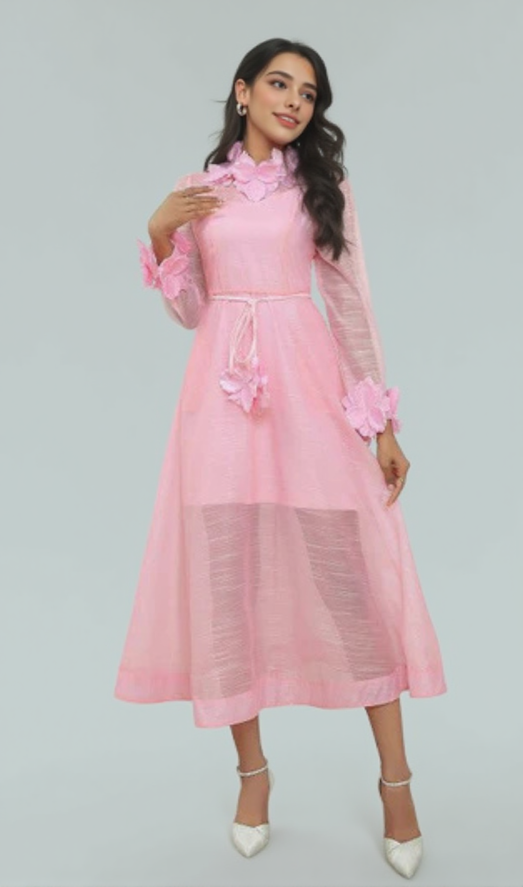 VICKY FLOWER EMBELLISHED LACE MIDI DRESS IN PINK