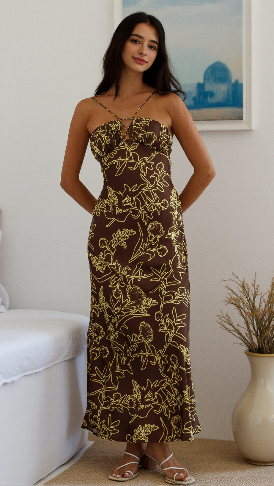 PRINT SATIN MAXI DRESS IN BROWN