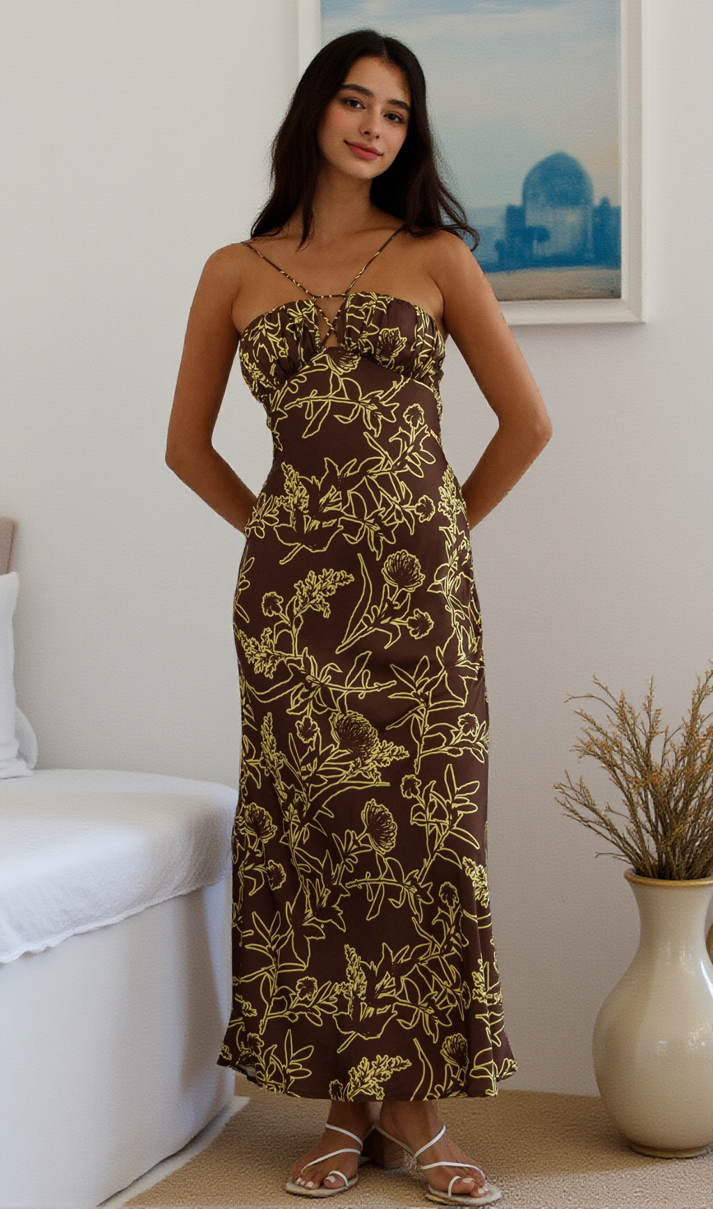 PRINT SATIN MAXI DRESS IN BROWN