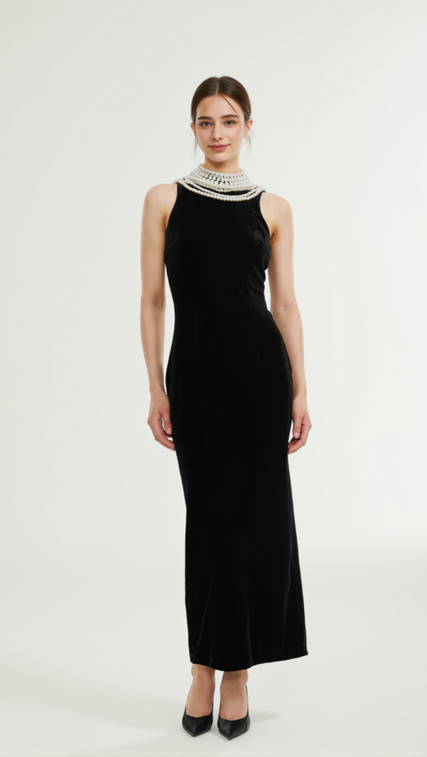 AIIZIE VELVET FAUX PEARL SLEEVELESS MIDI DRESS - product image