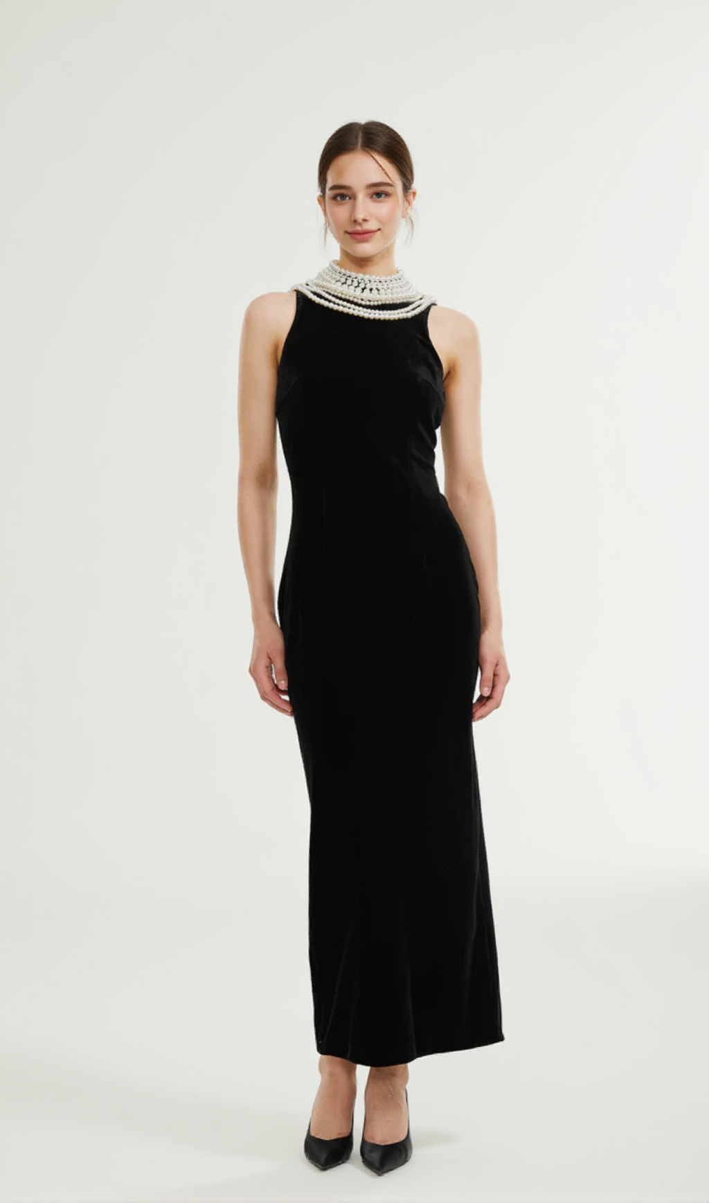 VELVET FAUX PEARL SLEEVELESS MIDI DRESS