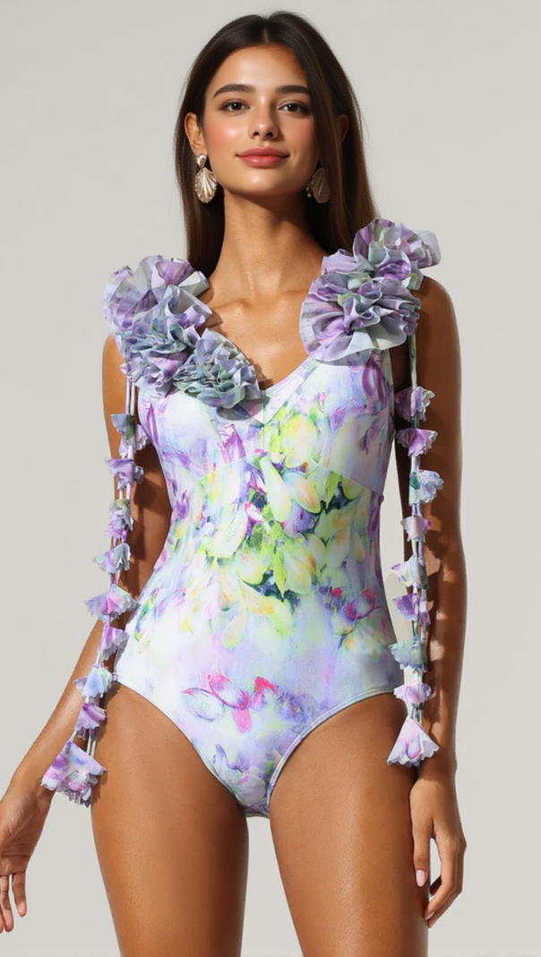 AIIZIE LOYISA HALTER V-NECK FLORAL PRINTED TASSEL SWIMWEAR AND SKIRT TWO-PIECE SET - product image