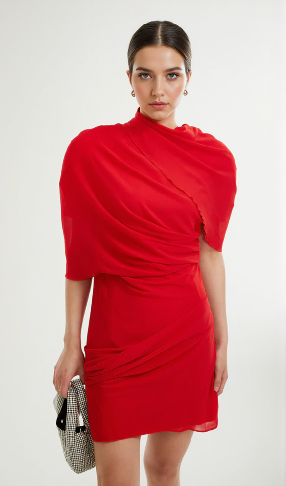 AIIZIE CLARABELLE RUCHED DRAPED MINI DRESS IN RED - product image