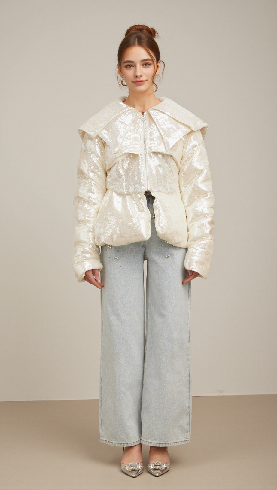 JOSLYN WHITE SEQUINED DOWN COAT