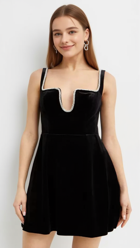 BLACK VELVET SKATER MINI DRESS