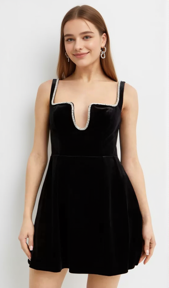 SCHWARZES SAMT-SKATER-MINIKLEID