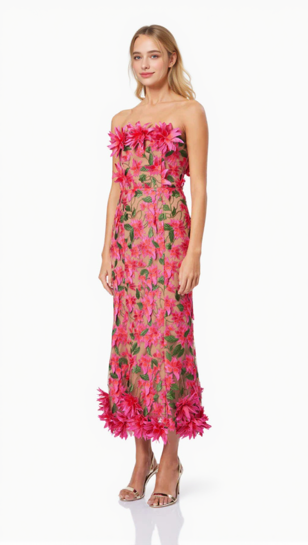 AIIZIE 3D FLOWER EMBROIDERY STRAPLESS MIDI DRESS IN ROSE RED - product image