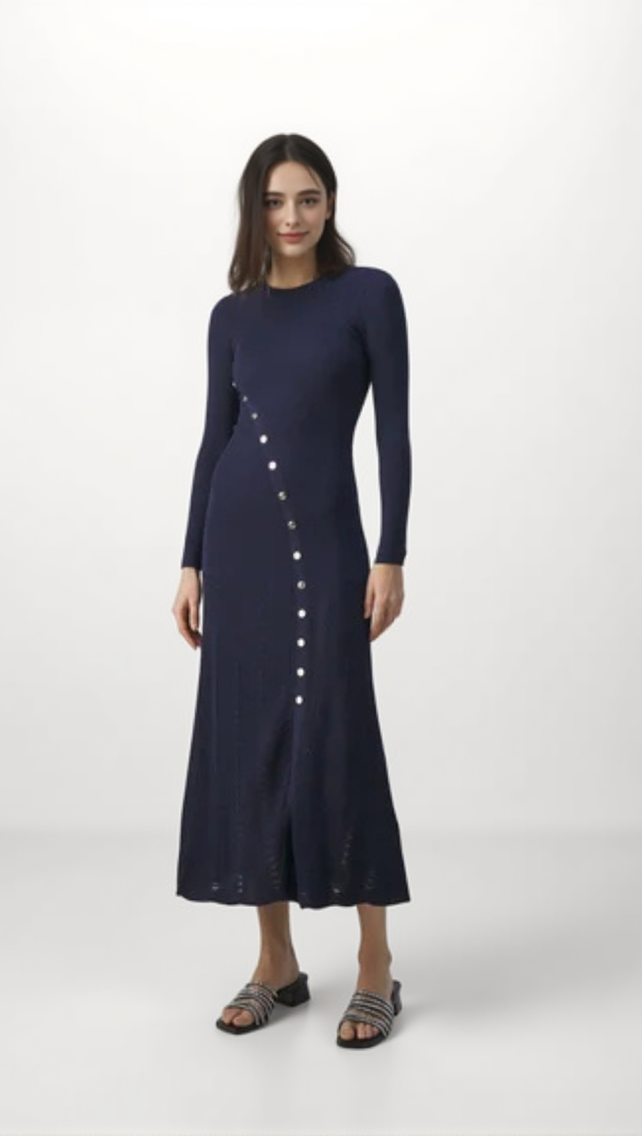 VIOLA RIBBED-KNIT MIDI DRESS IN NAVY BLUE