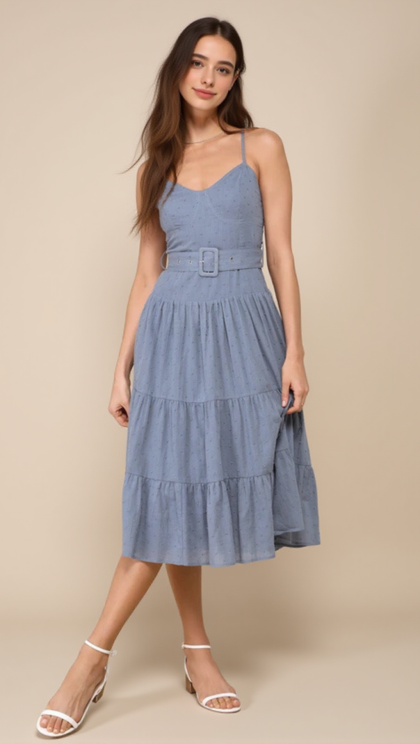 AIIZIE SLATE BLUE SWISS DOT BUSTIER TIERED MIDI DRESS - product image