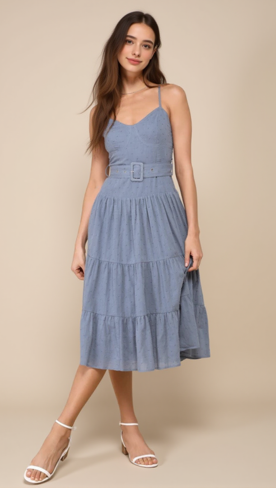 SLATE BLUE SWISS DOT BUSTIER TIERED MIDI DRESS