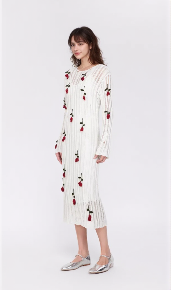 AIIZIE HILARIA ROSE HANDCRAFTED KNIT MIDI DRESS IN WHITE - product image