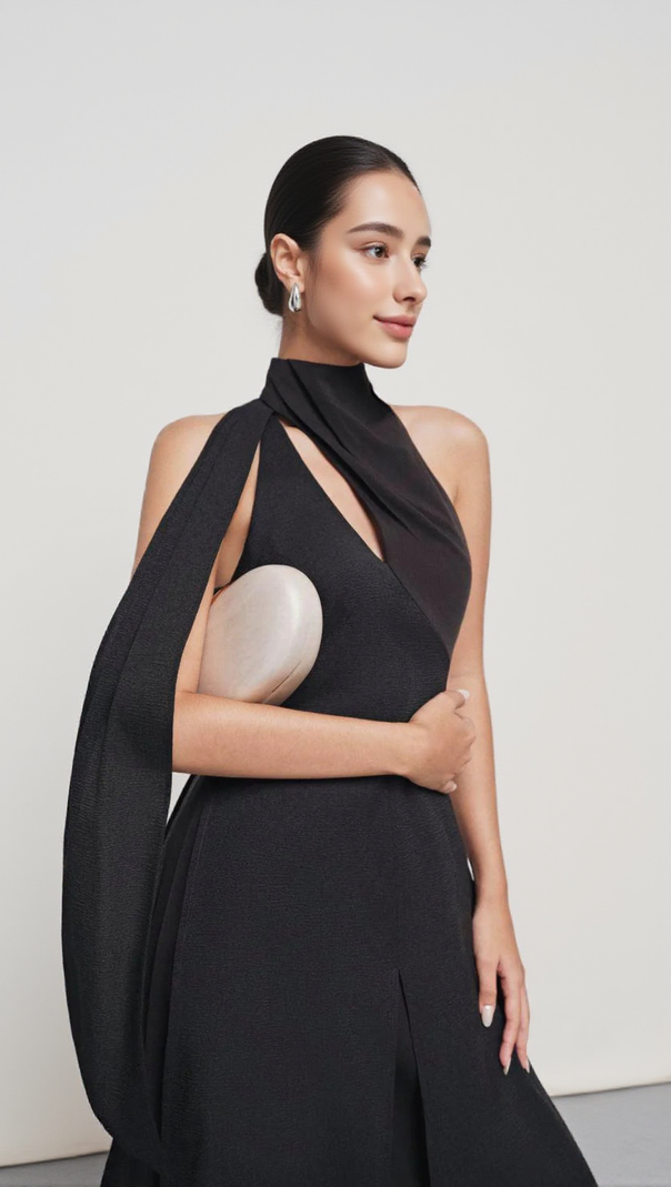 AIIZIE YEN LAYERED HIGH NECK FLOSS SILK MAXI DRESS IN BLACK - product image