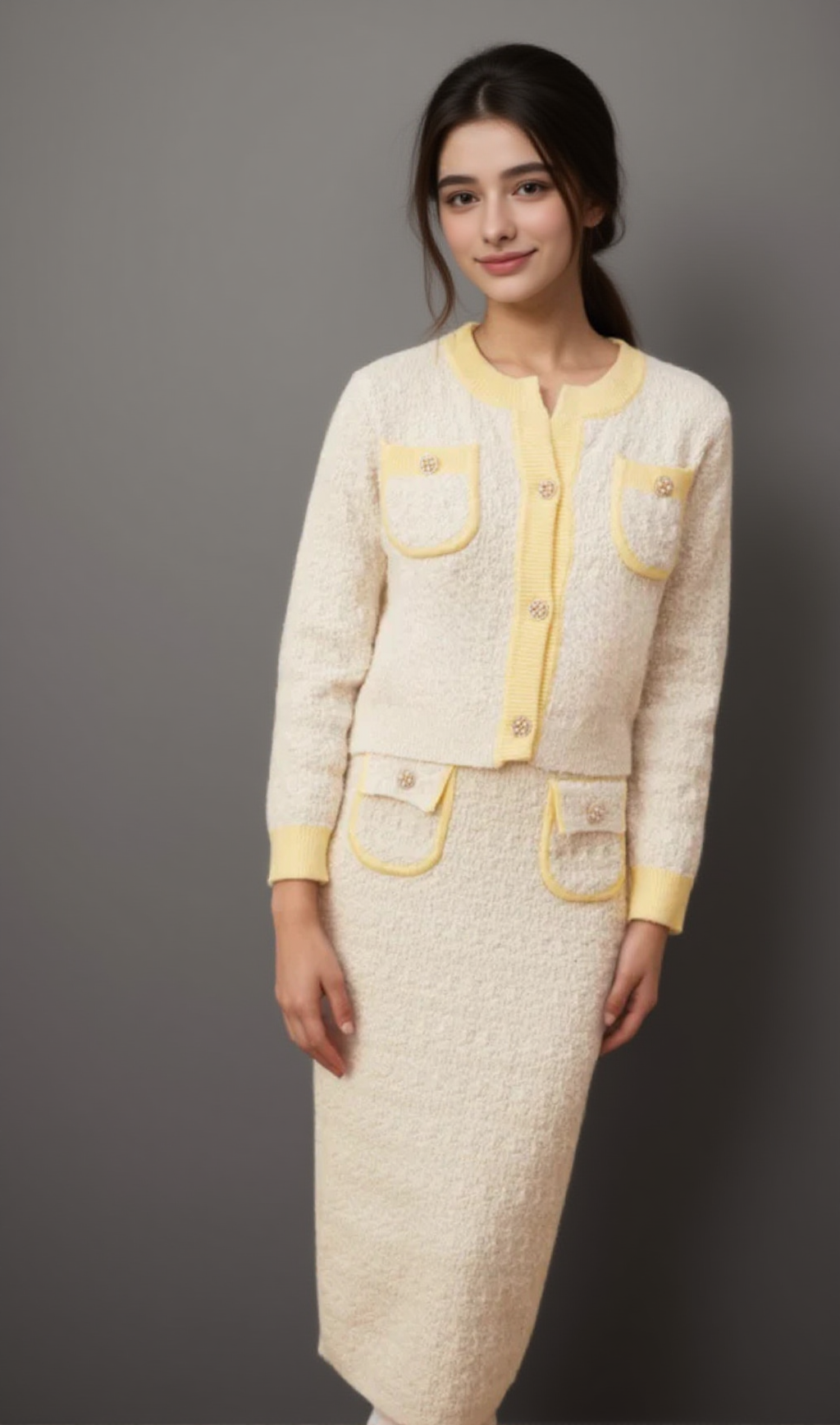 Jessie white textured knit cardigan & skirt matching set