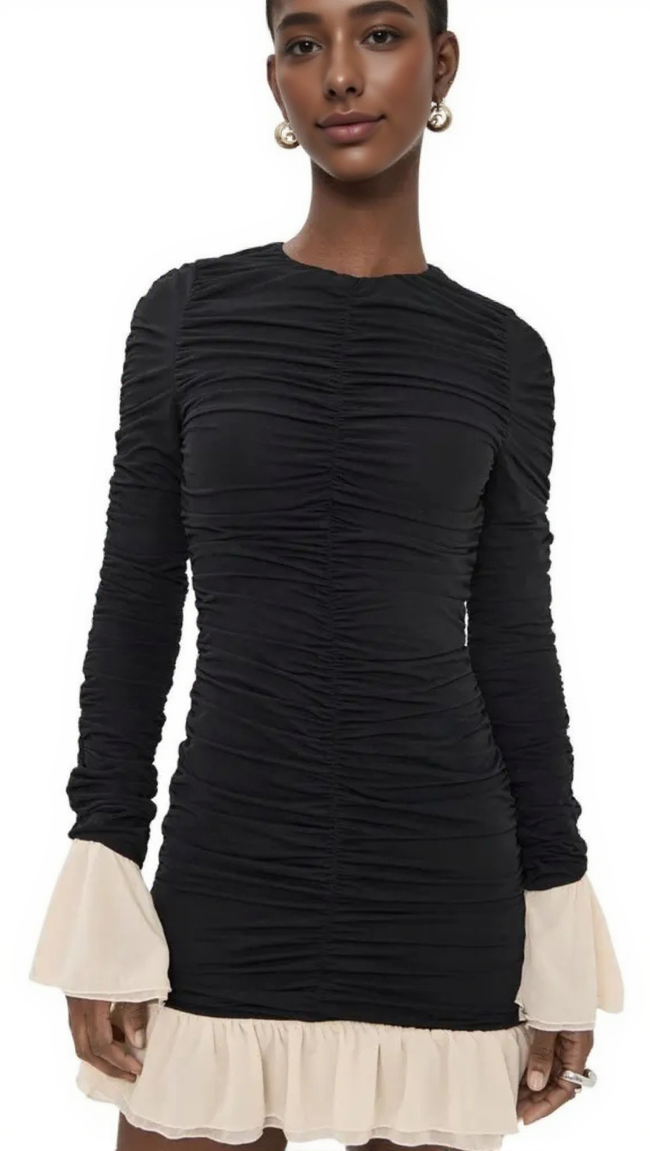 RUCHED LONG-SLEEVE MINI DRESS IN BLACK