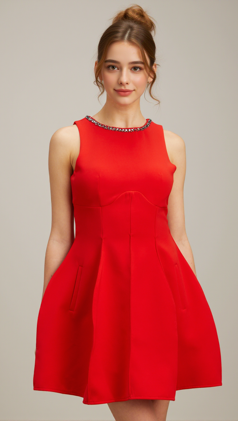 KATIE RED CRYSTAL-EMBELLISHED PUFF MINI DRESS