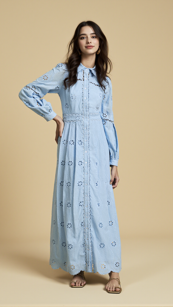 AIIZIE RETRO SINGLE-BREASTED HOLLOW LACE MIDI DRESS IN BLUE - product image