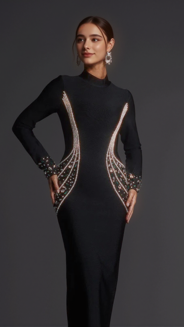 AIIZIE ASHLEY CRYSTAL EMBELLISHED BODYCON MAXI DRESS IN BLACK - product image