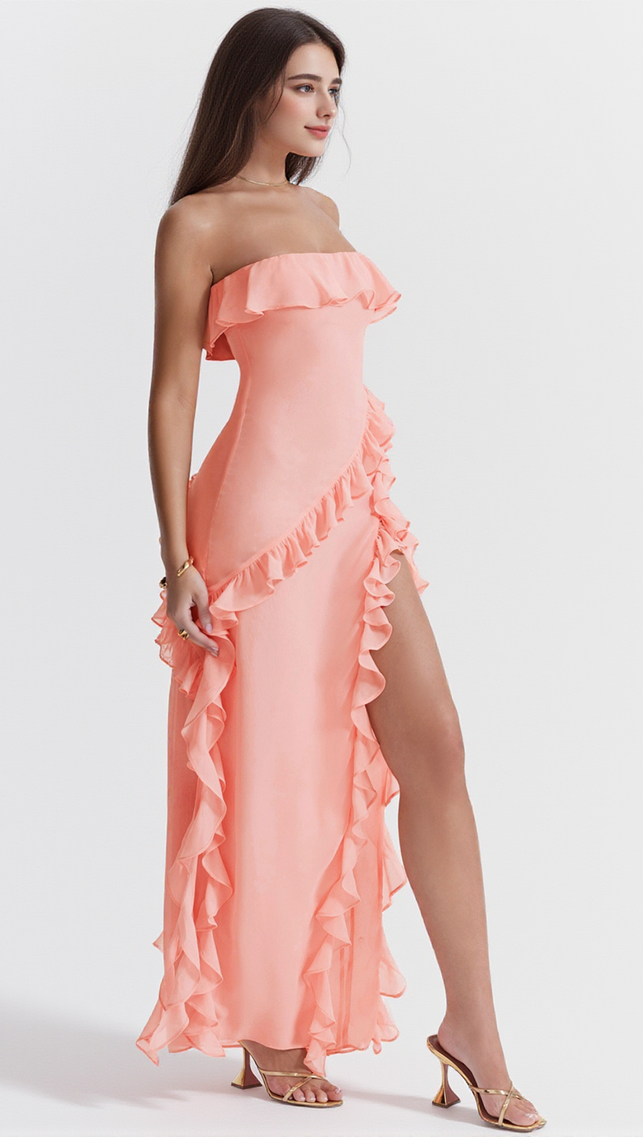 STRAPLESS RUFFLE MAXI DRESS IN PINK