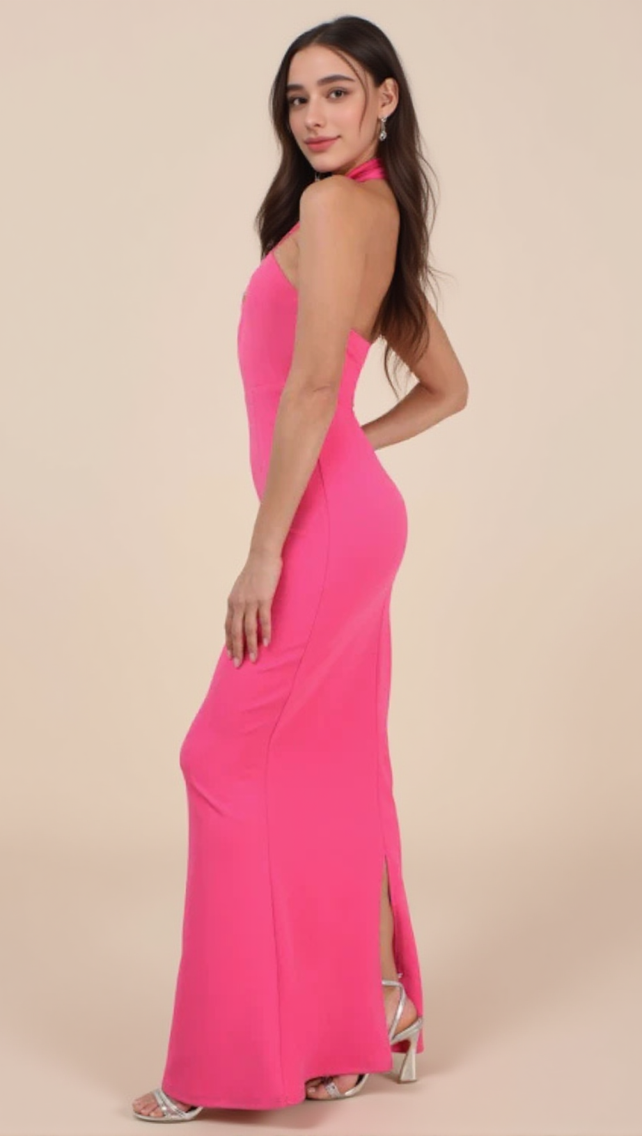 HALTER NECK BACKLESS MAXI DRESS IN PINK