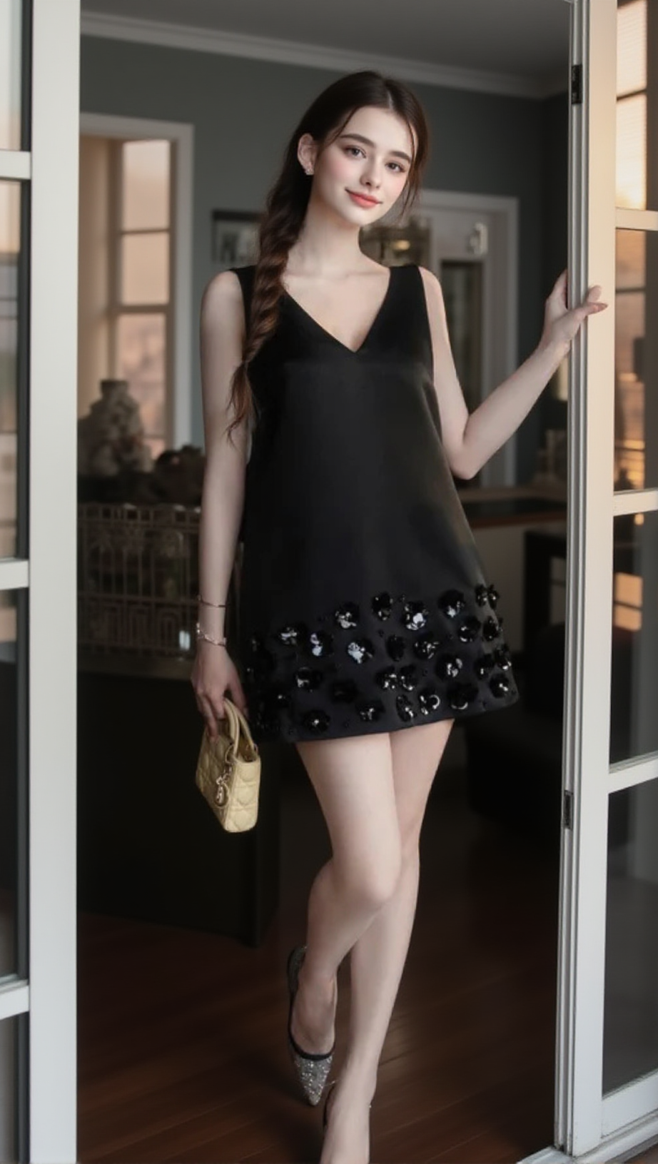 Ärmelloses Minikleid mit V-Ausschnitt und Blumenmuster in Schwarz