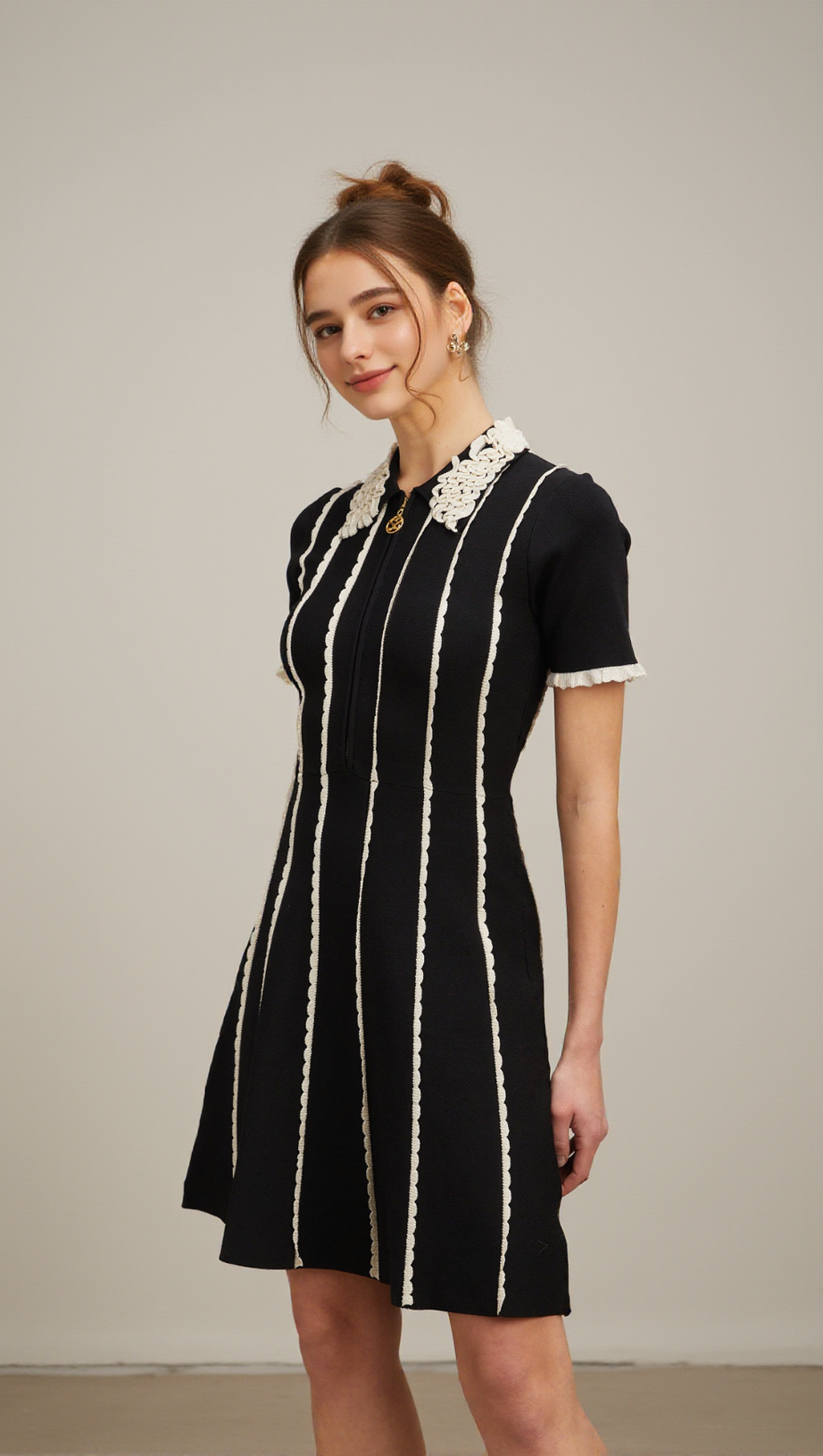 ZAZIE BLACK VERTICAL-STRIPED RUFFLE-TRIM KNIT MINI DRESS