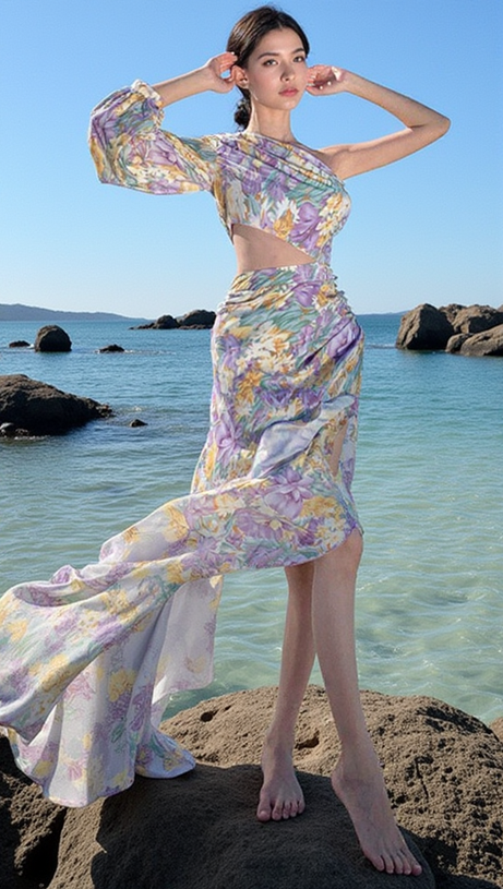 ABITO MIDI ASIMMETRICO CON MANICA MONOSPALLA E VOLANT