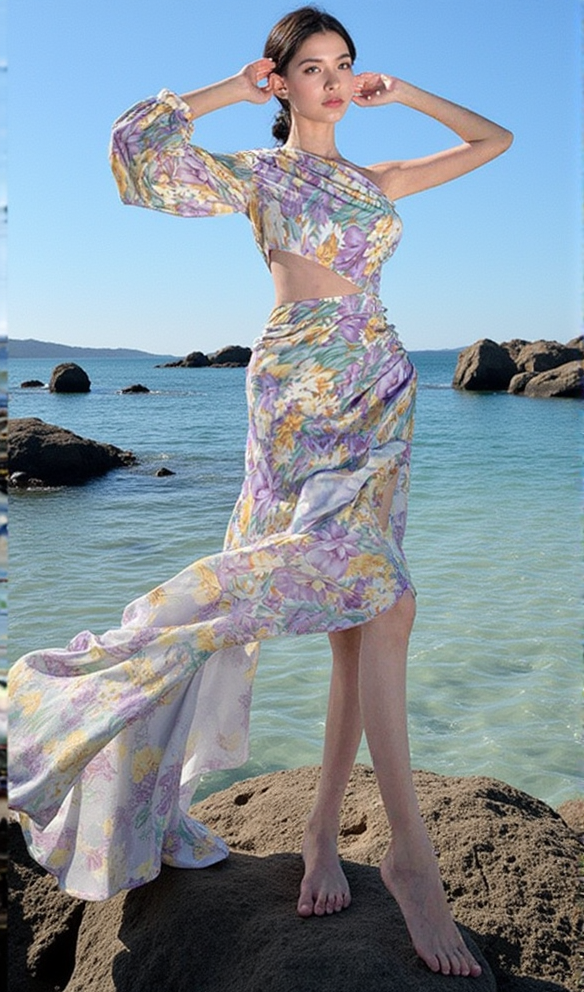 AIIZIE ASYMMETRICAL RUFFLED ONE SLEEVE MIDI DRESS - product image