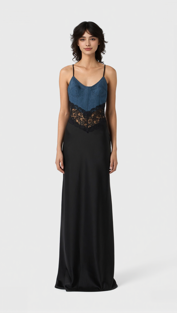 AIIZIE OLATHE DENIM LACE SATIN MAXI DRESS - product image