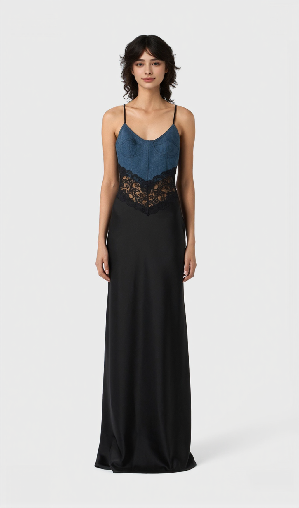 Olathe – Maxikleid aus Denim-Spitzensatin