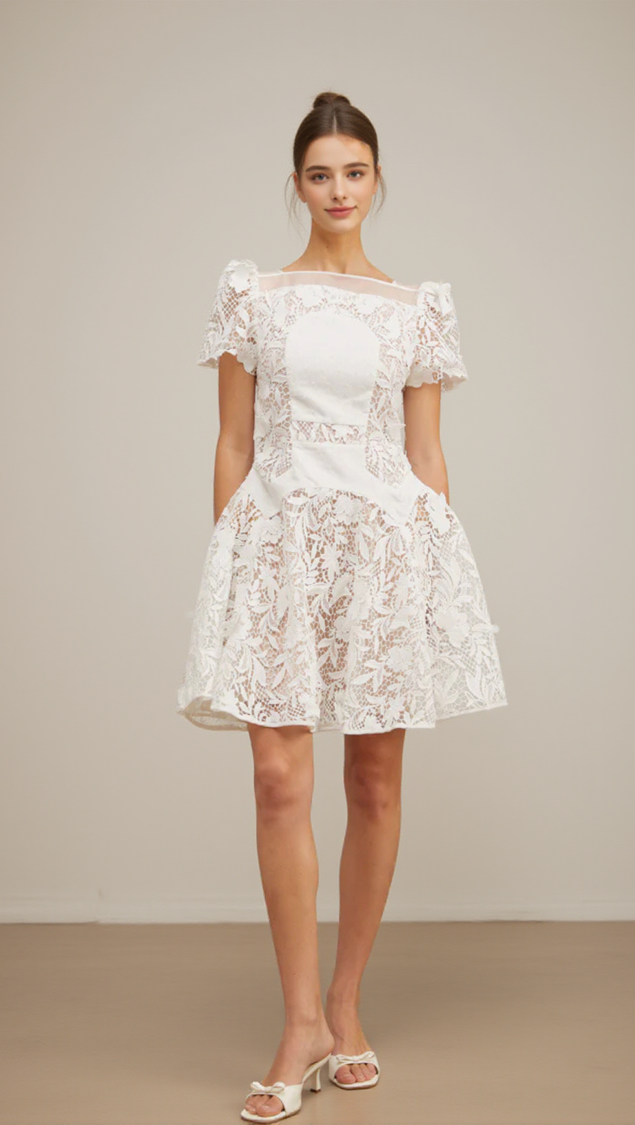 ROSE SLEEVE LACE HOLLOW MINI DRESS IN WHITE