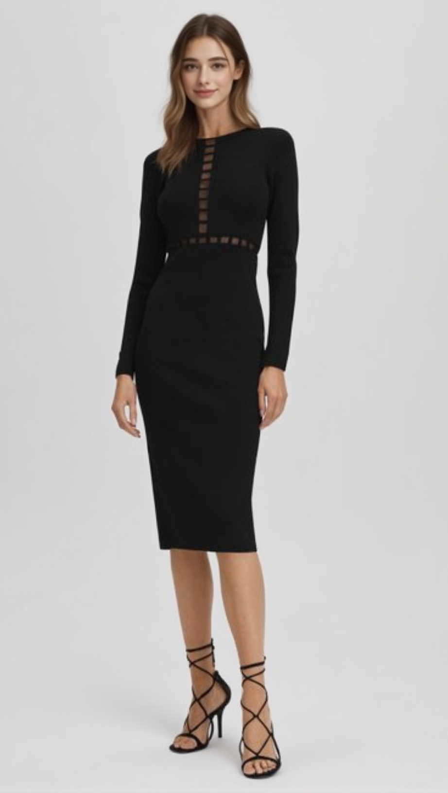 MESH DETAIL MIDI DRESS IN BLACK