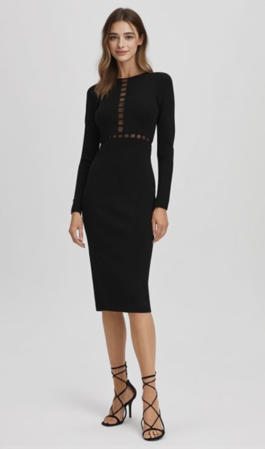 MESH DETAIL MIDI DRESS IN BLACK