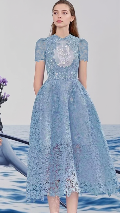 ARAFA BLUE EMBROIDERY MIDI DRESS