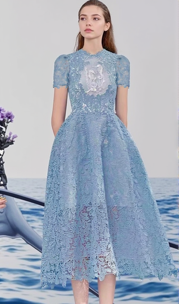 ARAFA BLUE EMBROIDERY MIDI DRESS